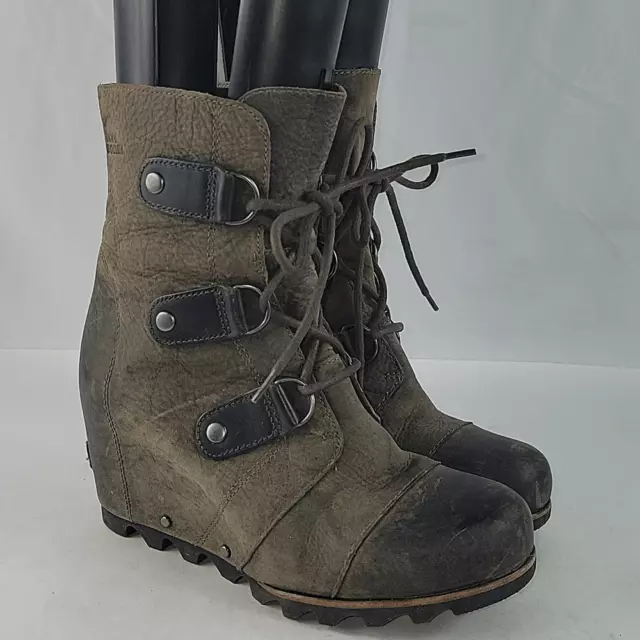 Sorel Joan Of Arctic Distressed Brown Leather Lace Up Wedge Women's Boots Size 8