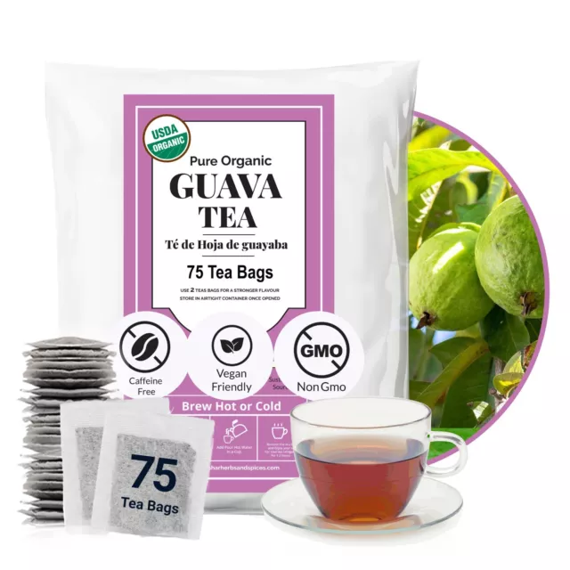 75 Organic Guava Leaf Tea Bags, Pure Guava Leaves, Te De Guayaba, Diabetic Tea