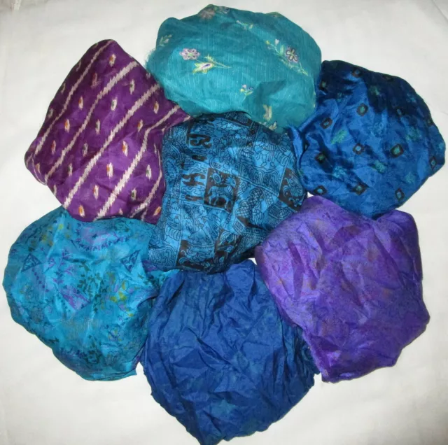 UK LOT PURE SILK Vintage Sari REMNANT Fabric 7 Pcs 1 foot ech Blue Violet #ABD7H