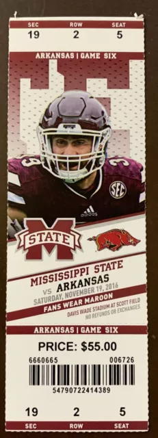 Mississippi State 11/19/2016 NCAA football ticket stub vs Arkansas Razorbacks