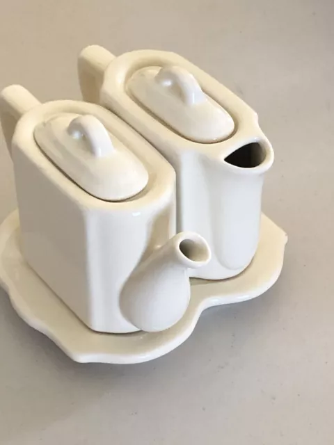 2001 Restoration Hardware Cream   Stoneware Tea For Two Teapots Set With Trivet