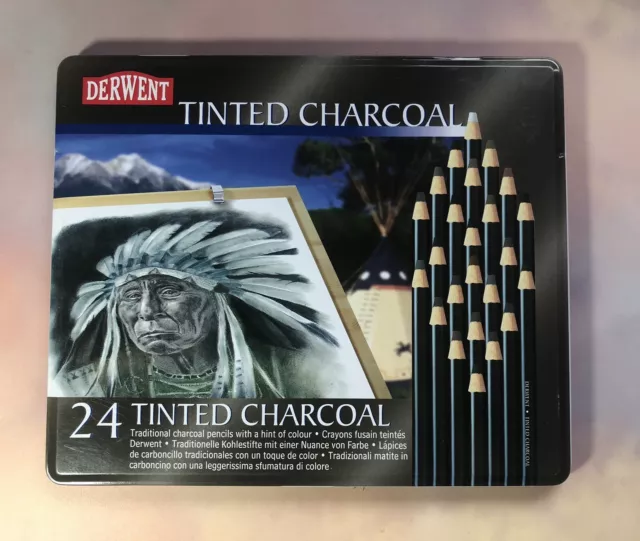 Derwent Tinted Charcoal 24 Pencils -Lightly Used In Original Tin