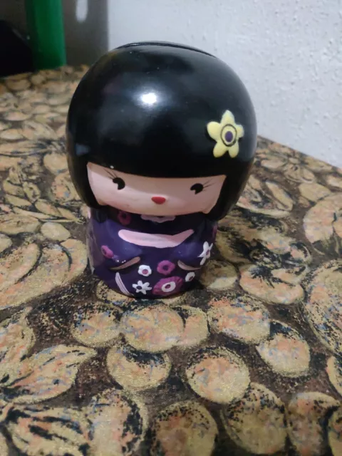 Kokeshi Piggy Bank China Girl Geisha Purple Vintage Ceramic Doll 4” Greenbrier