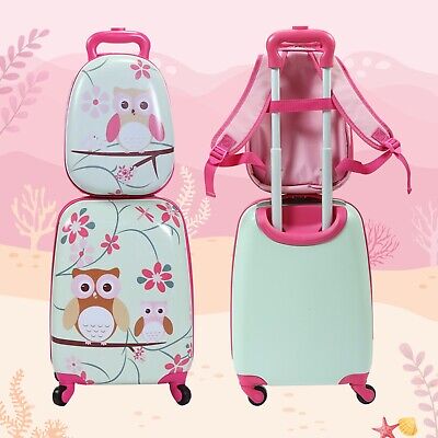 2Pc Kids Carry On Luggage Set Upright Hard Side Hard Shell Suitcase School Bag