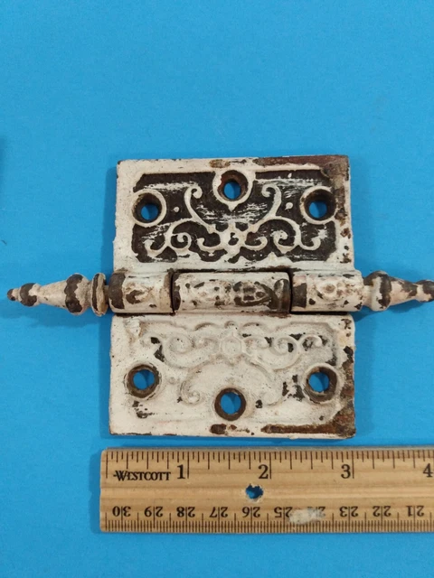 Two 1877 Victorian Antique Cast Iron Ornate Steeple-Tipped Door Hinges 3"x3.5" 2