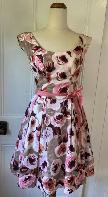 Review size 6 pink white floral print fit & flare dress boat neck pleated skirt