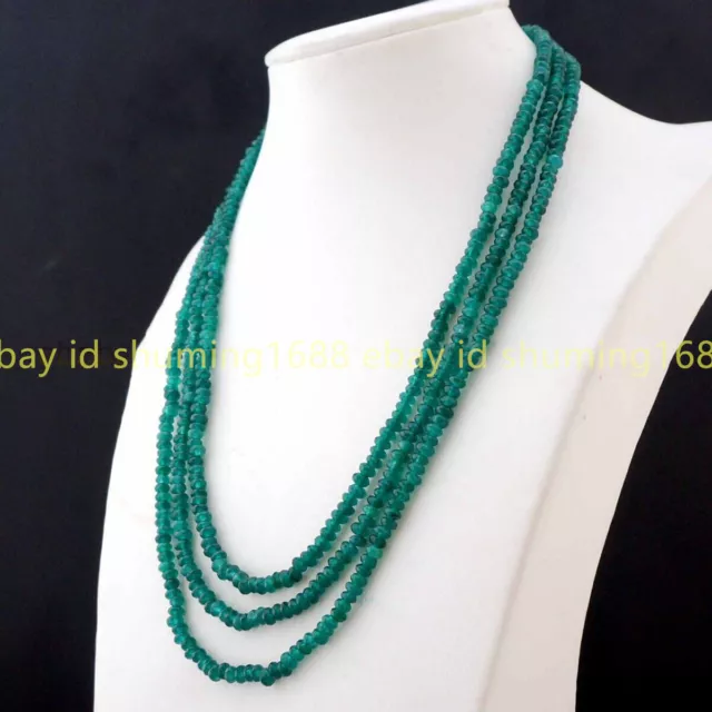 Schön 3 Reihen 2x4mm Facettierte Grün Jade Edelsteine Perlen Halskette 17-19"