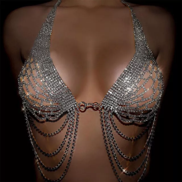 Sexy Glitter Rhinestone Silver Angel Wing Bikini Chest Bra Necklace Body Chains