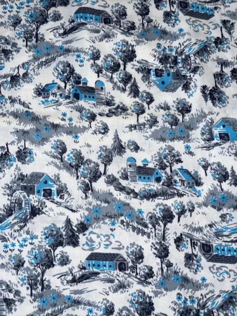 Grey Blue Country Farm Waterwheel Toile Cotton Fabric  51” x 36” (A)