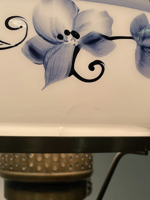 GWTW TABLE LAMP Victorian 3 WAY LIGHT Parlor 20" BRASS Milk Glass Blue Florals 14