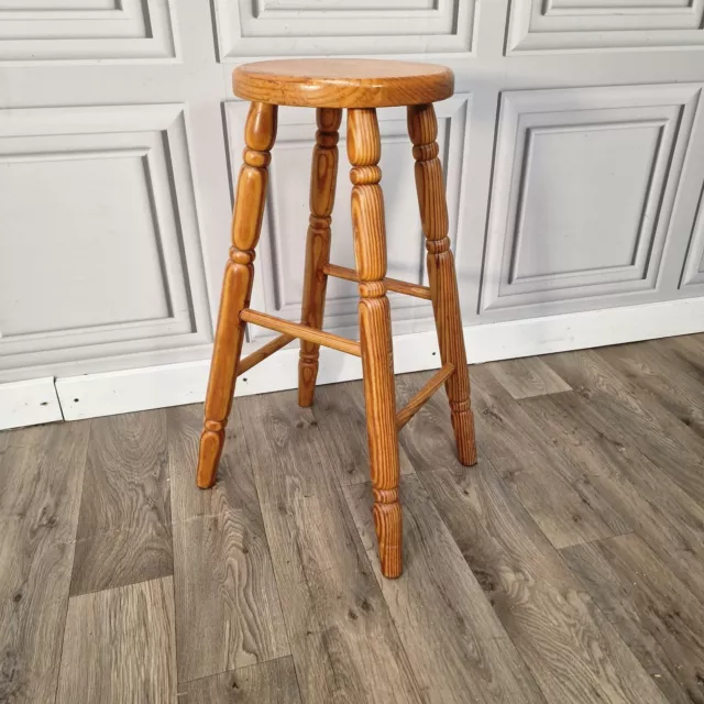 Single Retro Solid Pine Wooden Turned Stool - Round, Pub, Bar, Kitchen Seat