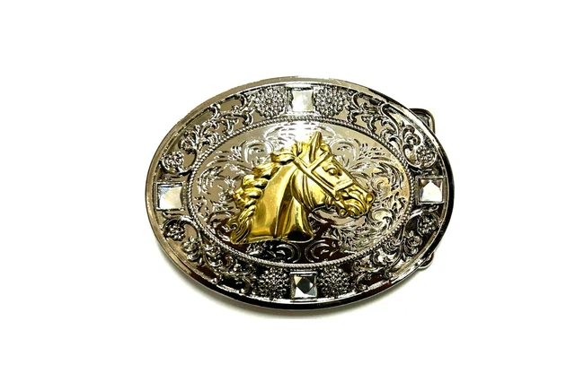 Western Horse Head Buckle Men Unisex Clear Rhinestone Oval Silver Zinc Fit 2''