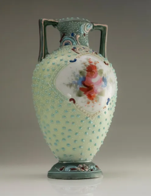 Vintage Nippon Style Moriage Porcelain Amphora Vase, Small Hand Painted 5"