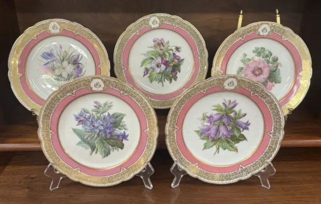 Set of (5) Antique French Pink & Gold Gilded Floral Botanical Porcelain Plates