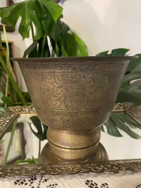 VTG 1930s Chinese Ming Dynasty Style Brass Pedestal Bowl Seas Dragon Sailboats