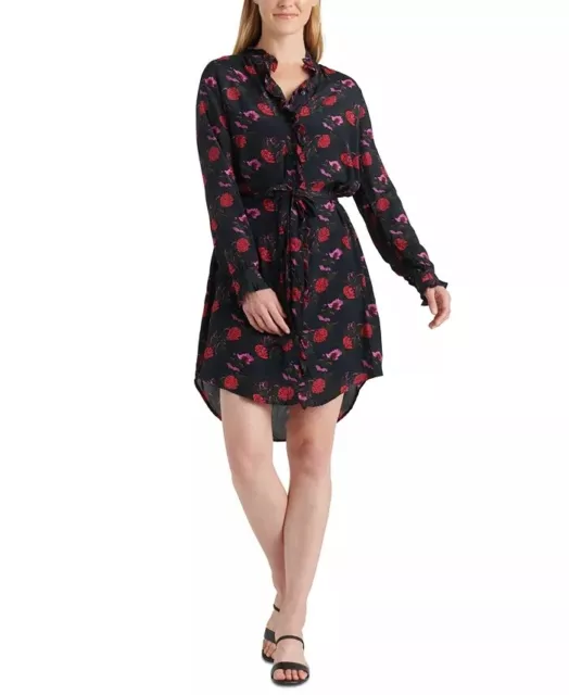 Lucky Brand Women's Floral Long Sleeve Crepe Shirtdress Black Size Small
