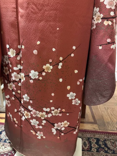 Japanese Vintage Traditional Red Silk Furisode Kimono Robe + Gold Embroidery Obi 8