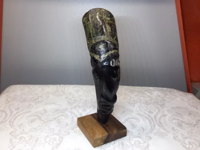 Vintage African Hand Carved Horn Art Sculpture Statue wood stand 9” Warrior Face