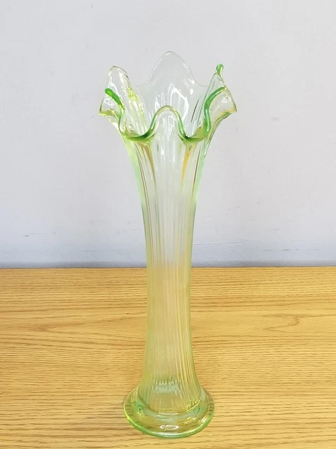 Fenton 10.4" Vaseline Uranium Vase Swung Glass Fluted Bud Flower Ruffled Ribbed
