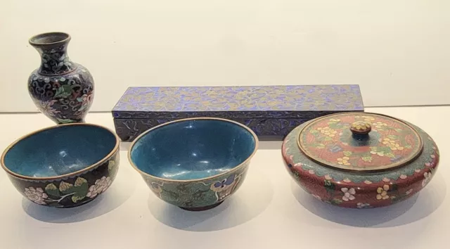 Lot of 6 Antique Chinese Cloisonne  Bowls Vase & Box