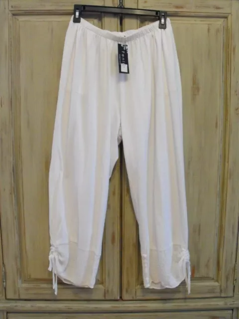 Fenini Size XL NEW Lagenlook White Cotton Knit Pants w/ Linen Gauze Ruched Hems