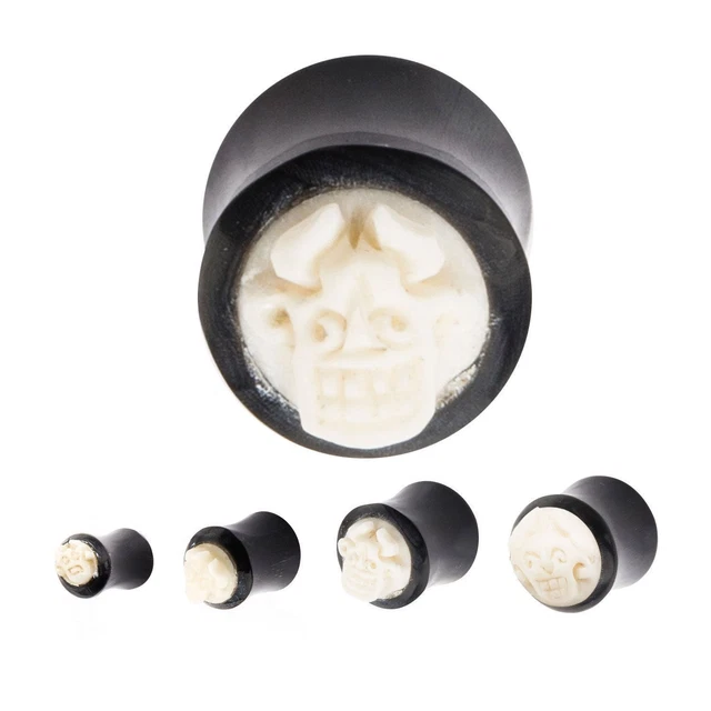 PAIR-Horn w/Carved Devil Saddle Flare Ear Plugs 10mm/00 Gauge Body Jewelry