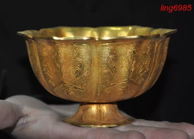 ancient China bronze gilt 6 corners tableware Food Vessel Tea cup Bowl statue