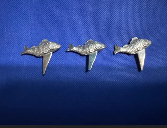 Vintage tiny pewter or metal fish candle cake topper - set of 3 fish