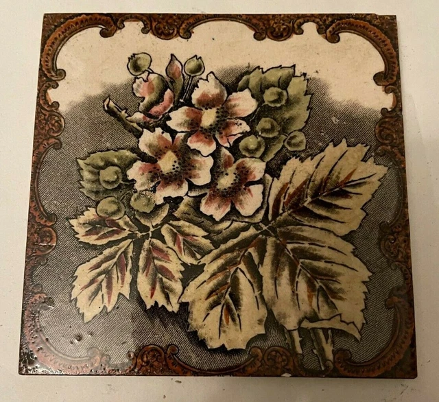 Antique Tile Floral Design Transfer Printed Fireplace Tiled hearth