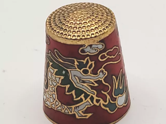 Thimble Red Enamel Blue Gold Tone Cloisonne Dragon 1" Vintage Asian Art