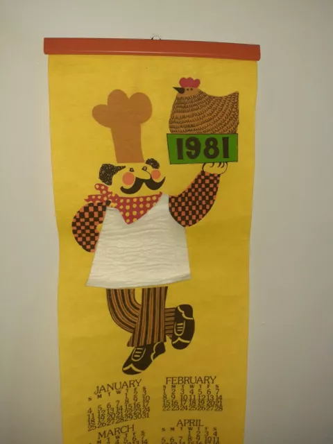 1981 Calendar Wall Hanging Vintage Yellow  Chef Holding Hen And Condiments 2