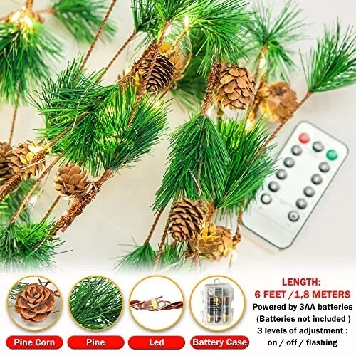 60 LED Decorative Garland with Lights & Pinecones - Battery Operated 6 FT Light 3