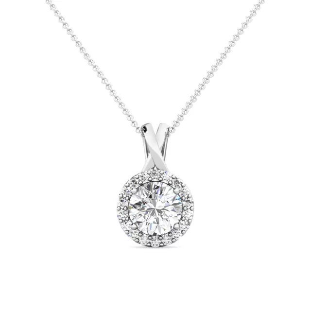 1.79CT Created Diamond 14K White Gold Halo Pendant Necklace W/ 18" Chain