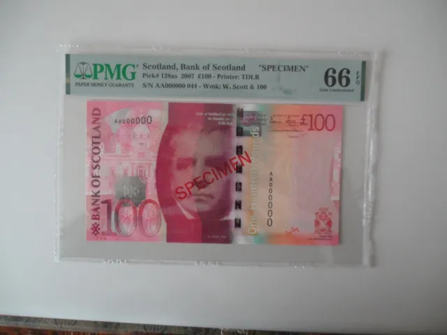 BANK OF SCOTLAND 2007 £100 SPECIMEN P128as PMG66EPQ very rare  