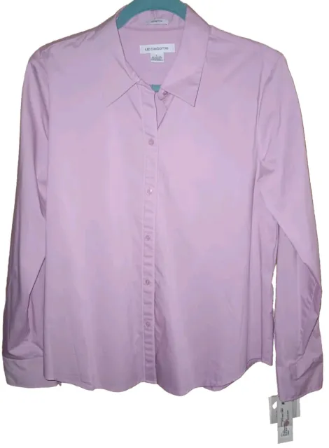 NWT! Liz Claiborne L Solid Purple LS Button Up Stretch Career Casual Woven Top