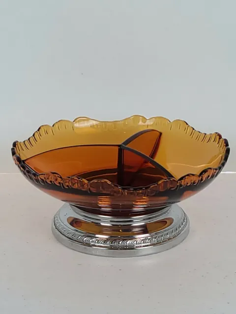 Krome Kraft Amber Divided Bowl Farber Bros Scalloped Edges Chrome Base Vintage