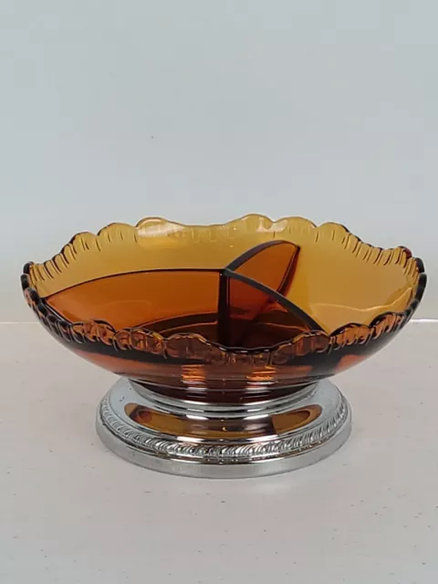 Krome Kraft Amber Divided Bowl Farber Bros Scalloped Edges Chrome Base Vintage