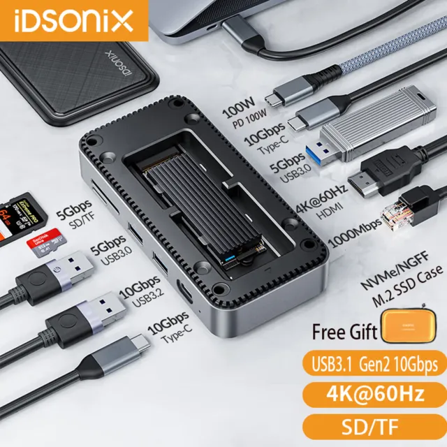 IDsonix M.2 NGFF NVMe SATA SSD-Gehäuse mit 10IN1 USBC 3.2 HUB Dockingstation