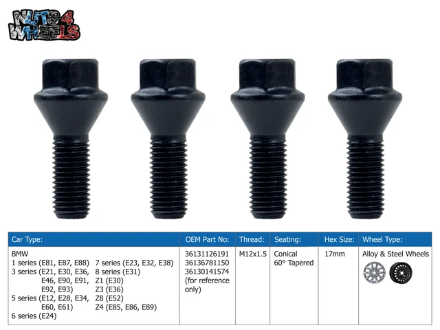 thumbnail image 2 of Bimecc M14 X 1.25 Black Wheel Bolts For BMW & MINI – 27mm Thread Length, Tapered Seat, 17mm Hex (Set Of 4) 2 of 6