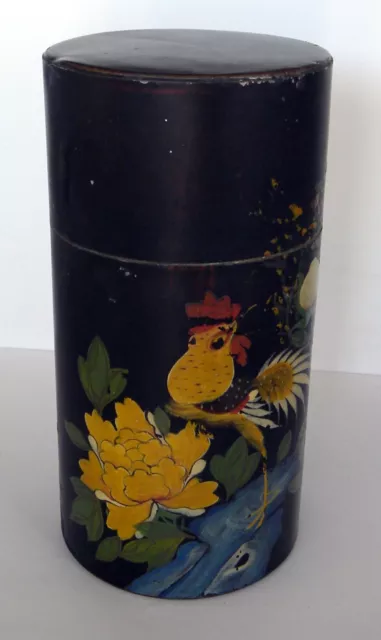 VTG Asian Tea Caddy Bird & Flower Motif Tin Black Lacquer  6"x 3" 2