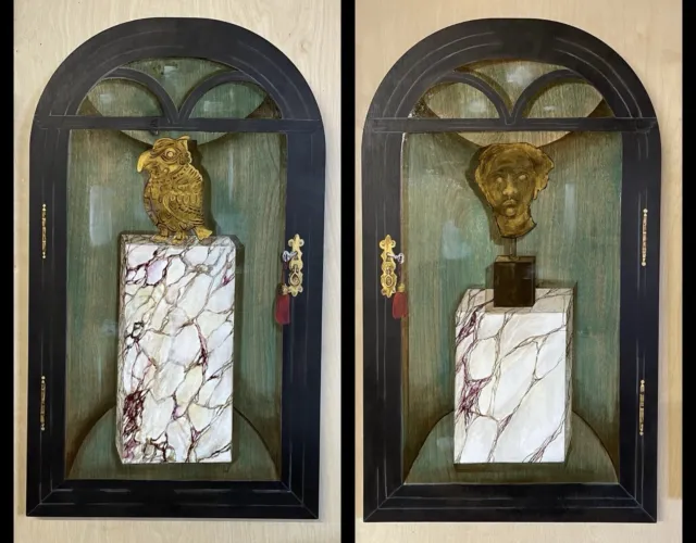 Trompe L’oeil Paintings Original Wood Panel Chinoiserie Cabinet Bronze On Plinth