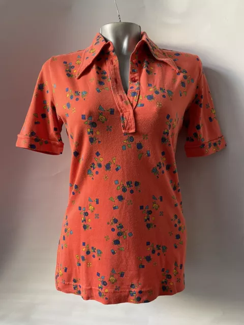 Camicia Vintage maniche corte maglina aderente donna anni '70 rosso Fiori Blu