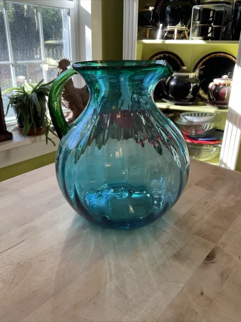 Large Hand Blown Optic Glass BLENKO Style Pitcher Turquoise Blue Green Handle