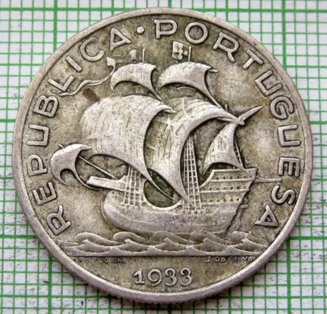 PORTUGAL 1933 5 ESCUDOS, velero caravelle 0,650 pátina plateada mejor grado