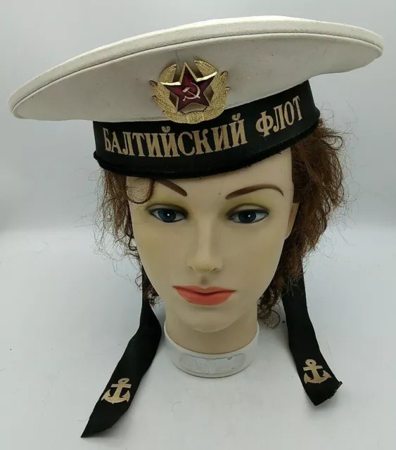 Vtg Russian Hat Soviet Sailor Bajitnncknn Fleet USSR White Black & Gold Nautical
