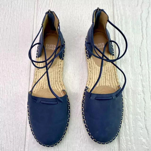 Eileen Fisher Leather Lace Up D'Orsay Lee Espadrilles Navy Flat Sandals 8 Easter