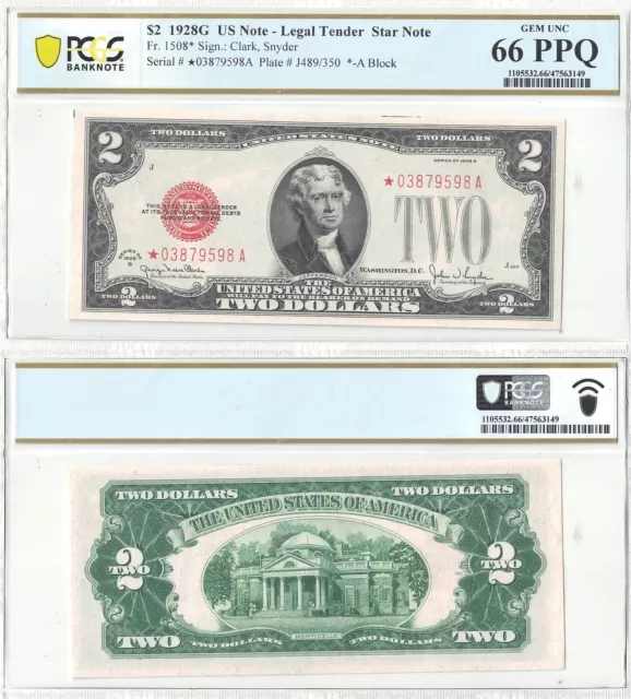 1928-G $2 Legal Tender Star Note Fr 1508* PCGS Gem New-66 PPQ