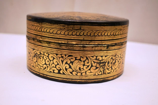 Antique Burmese Betel Nut Box Gilt Lacquerware Myanmar Floral Gold Painted King" 5