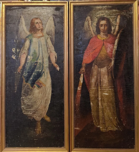 Par De Antigüedad 19c Pintado a Mano Rusa Icon San Mihail& Gabriel en Lienzo