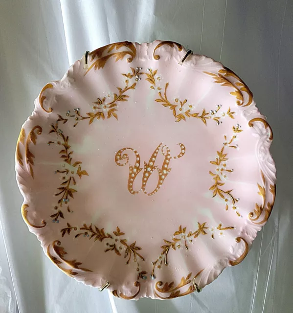 Limoges France Porcelain Pink Floral "W" Initial Wall Plate Gold Antique